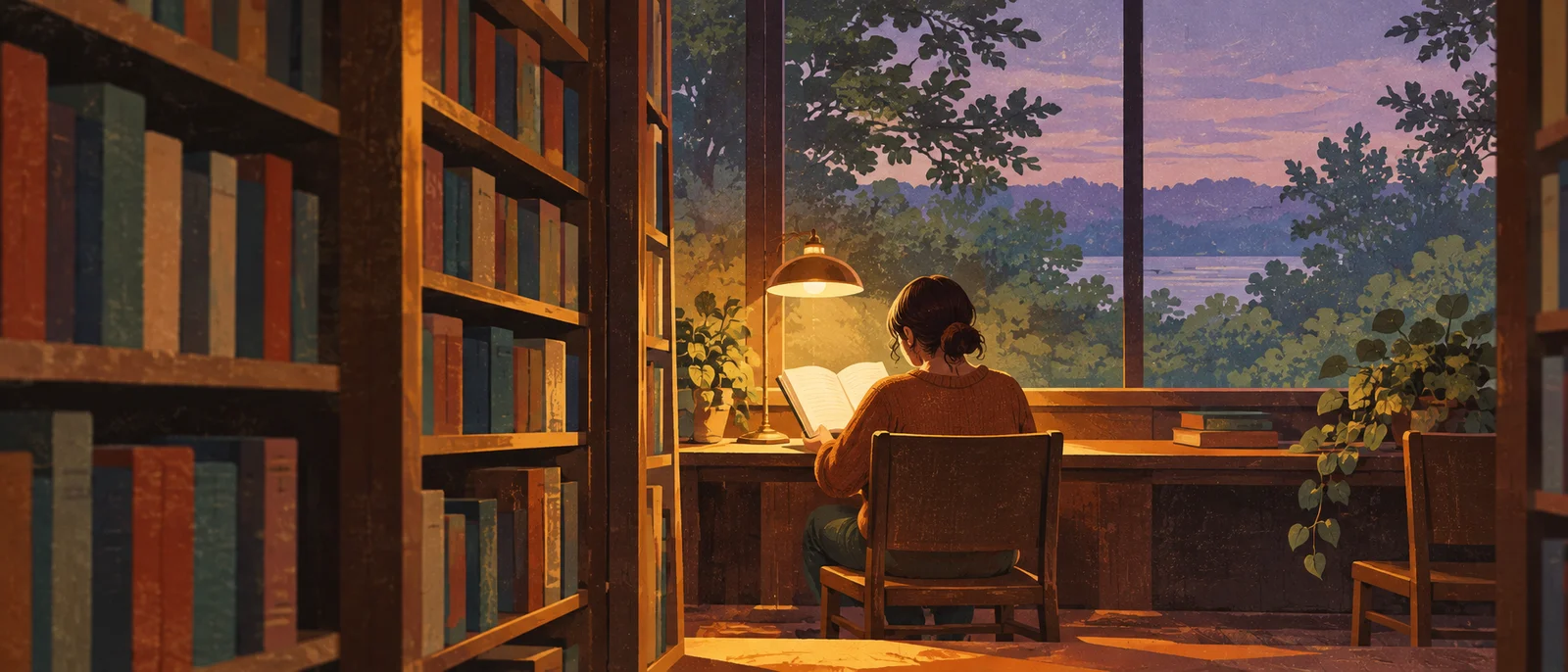 夕方の図書館で大人が本を開く後ろ姿を描いたAI生成イラスト