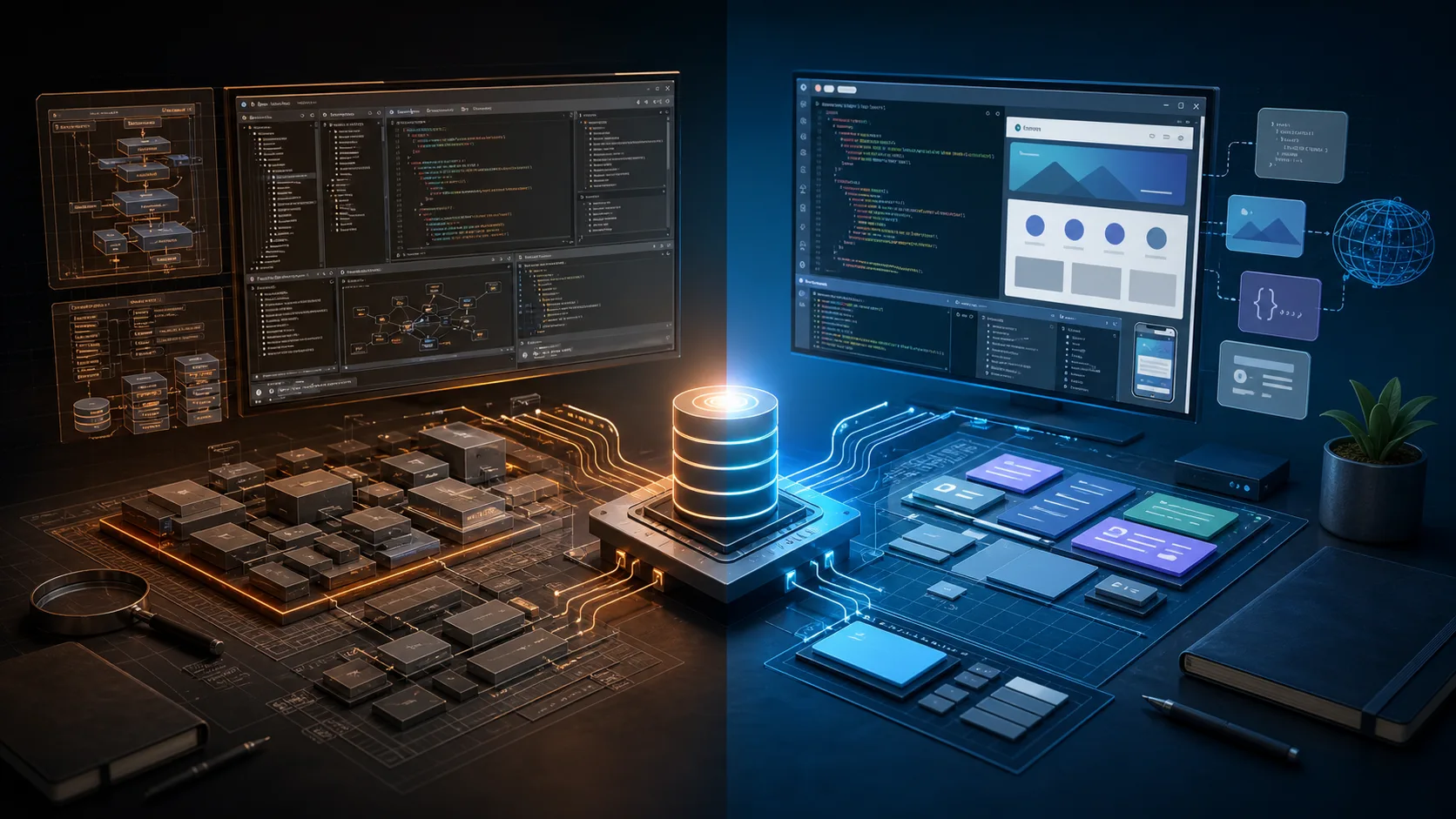 AI-generated illustration contrasting a deep enterprise IDE with a flexible web development editor