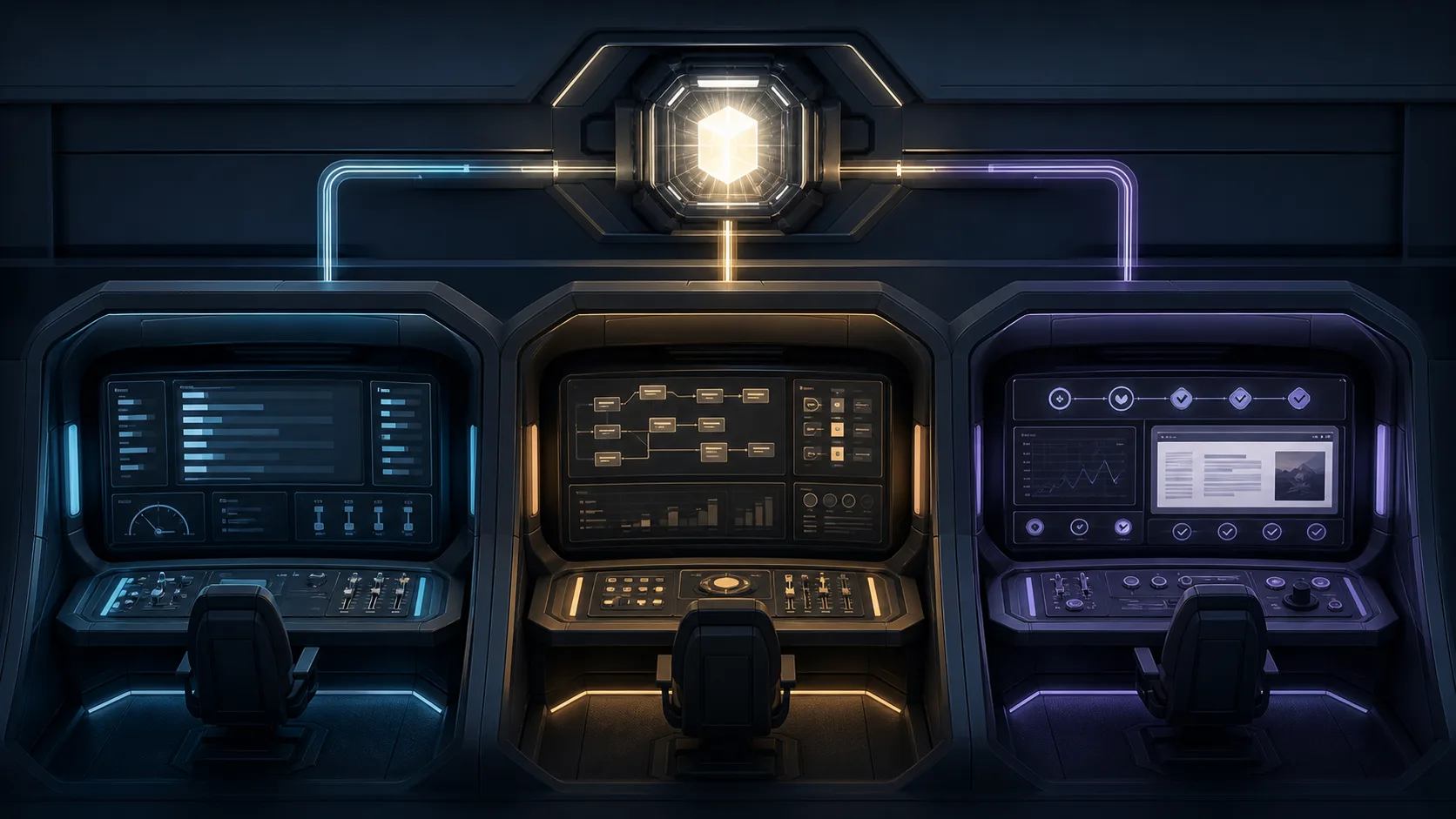 AI-generated conceptual illustration of one AI core connected to three different agent harnesses