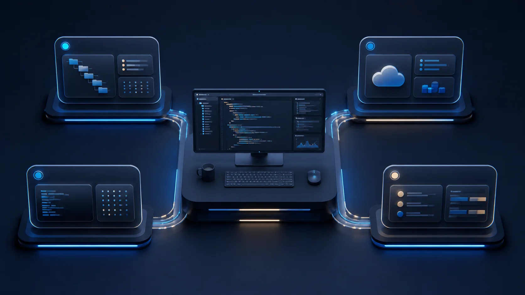 AI-generated illustration of a central editor connected to local, cloud, terminal, and review workspaces