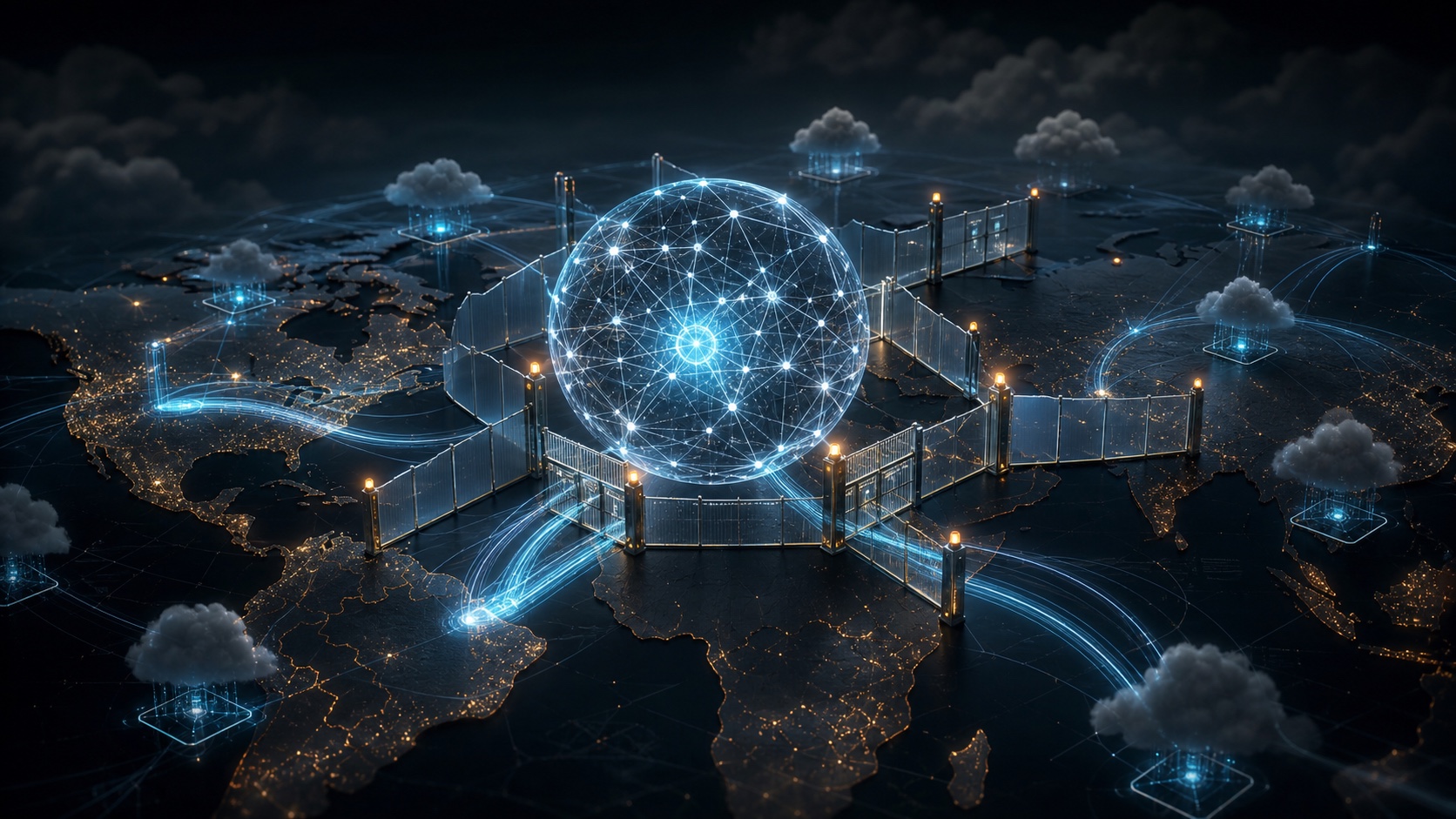 AI core surrounded by borders and cloud infrastructure