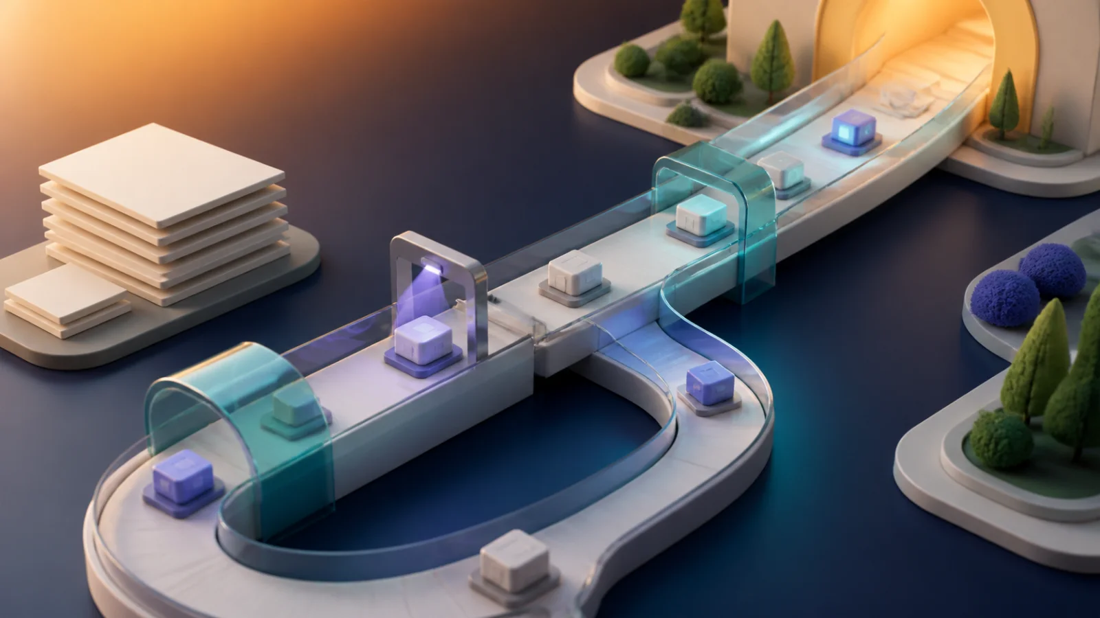 AI-generated illustration of paperwork walls becoming automated testing and progressive-delivery guardrails
