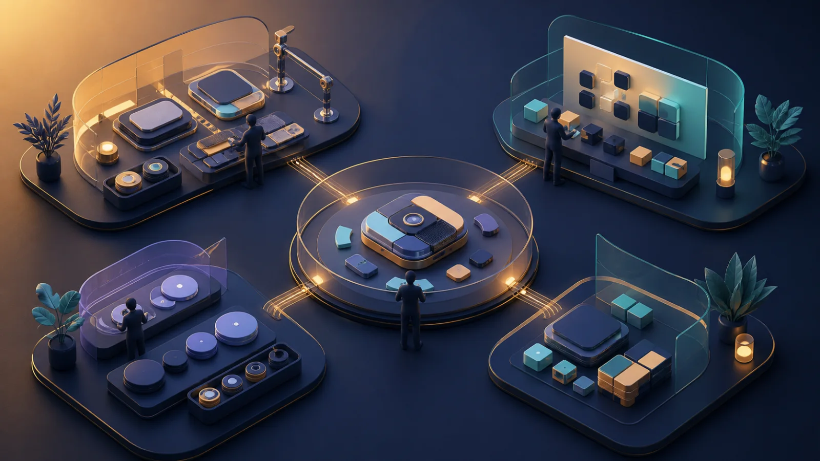 AI-generated illustration of workstations moving at different speeds into one shared product line