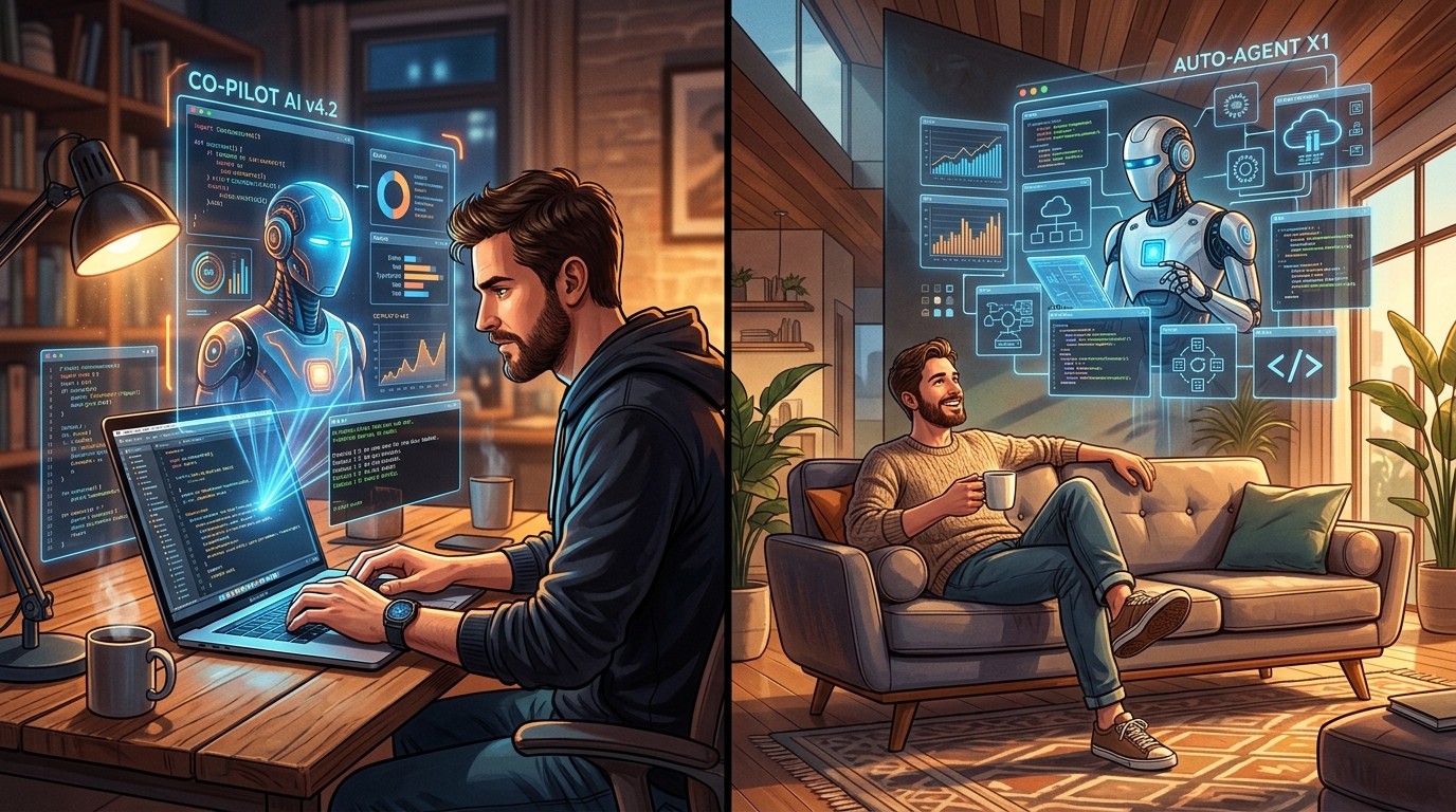 A split illustration showing a human intensely collaborating with an AI in an IDE versus relaxing while an autonomous agent works