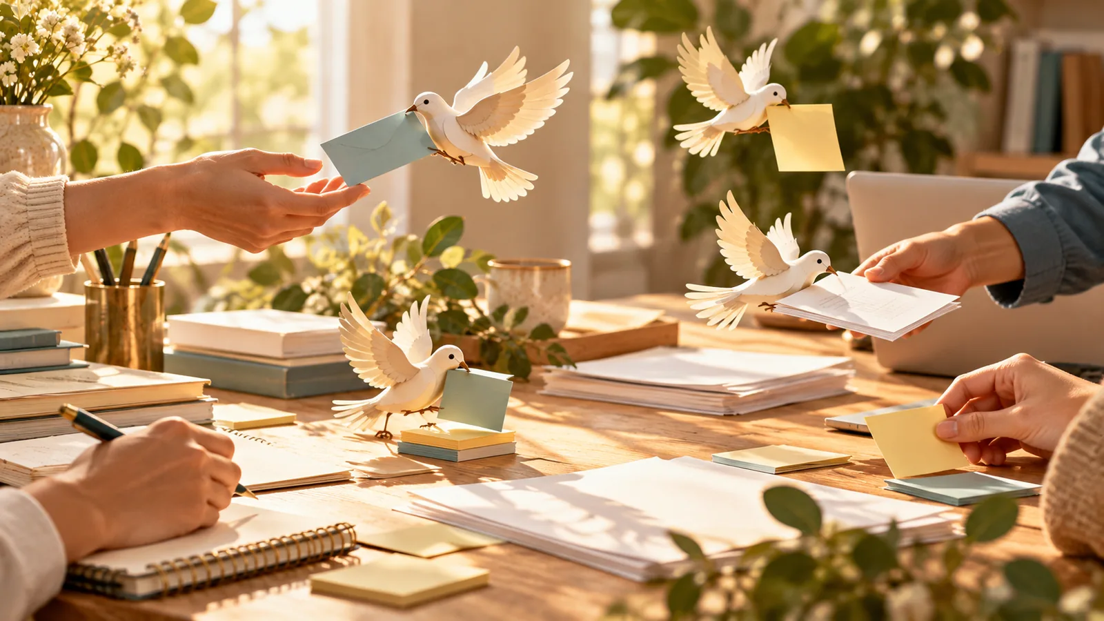 オフィスの机で、小さな紙の鳥たちが書類や付箋を運んで人の手元を手伝っているAI生成画像
