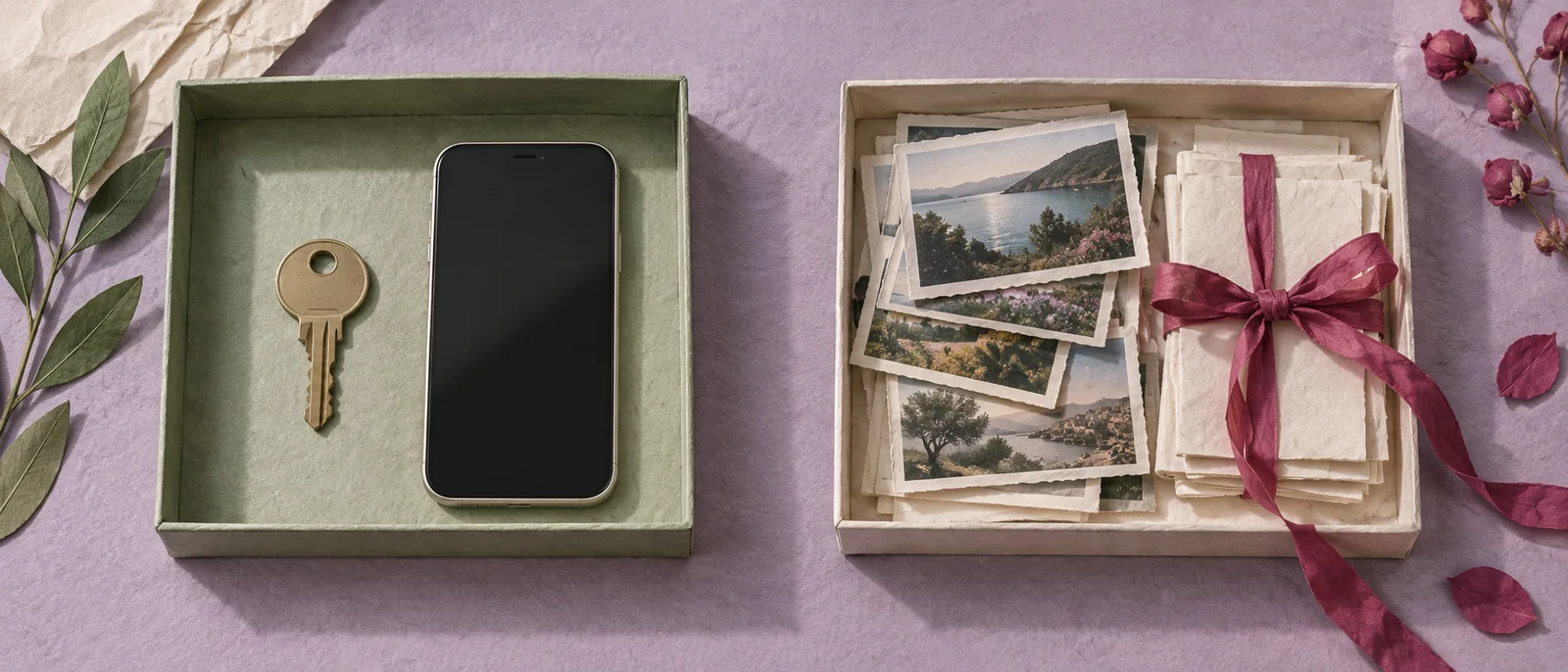 鍵とスマホの箱、写真と思い出の箱を分けた情景