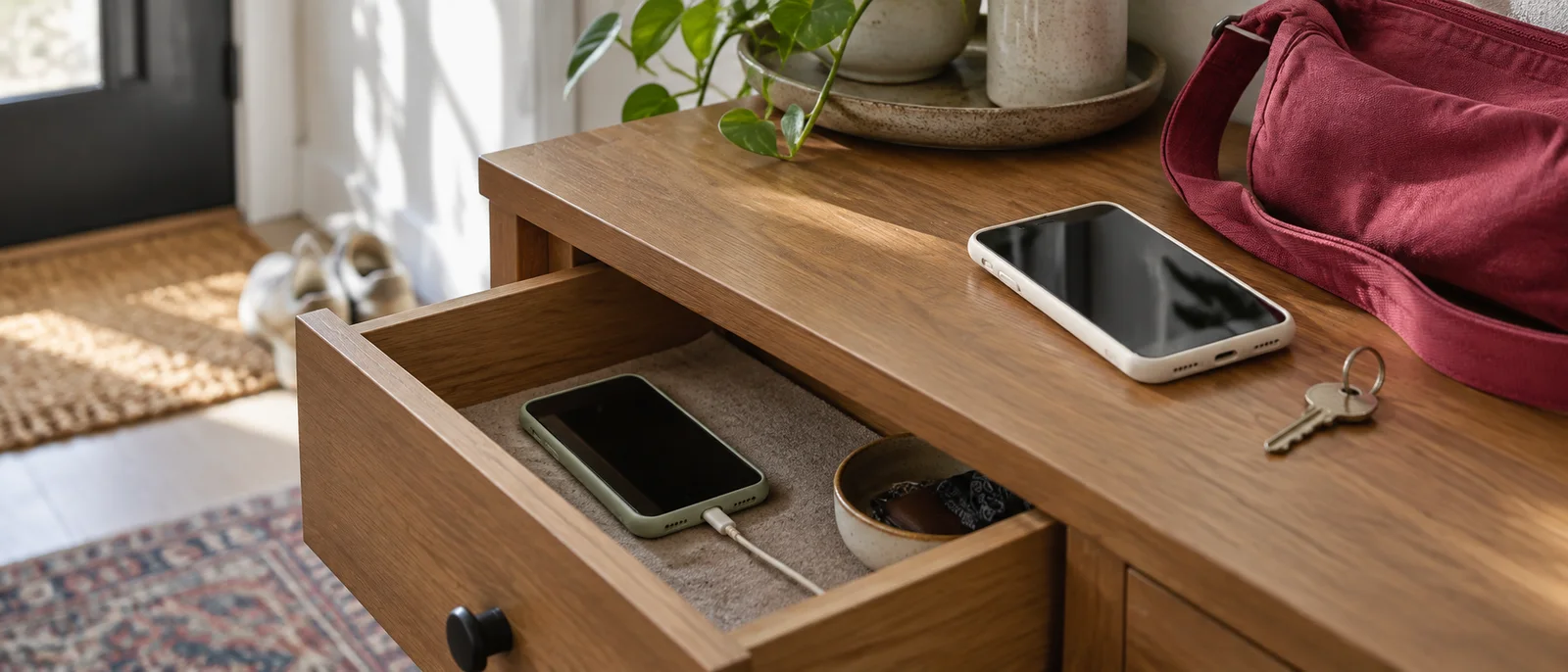 充電された古いスマホを安全な引き出しに残し、新しいスマホで出かける支度をする静物