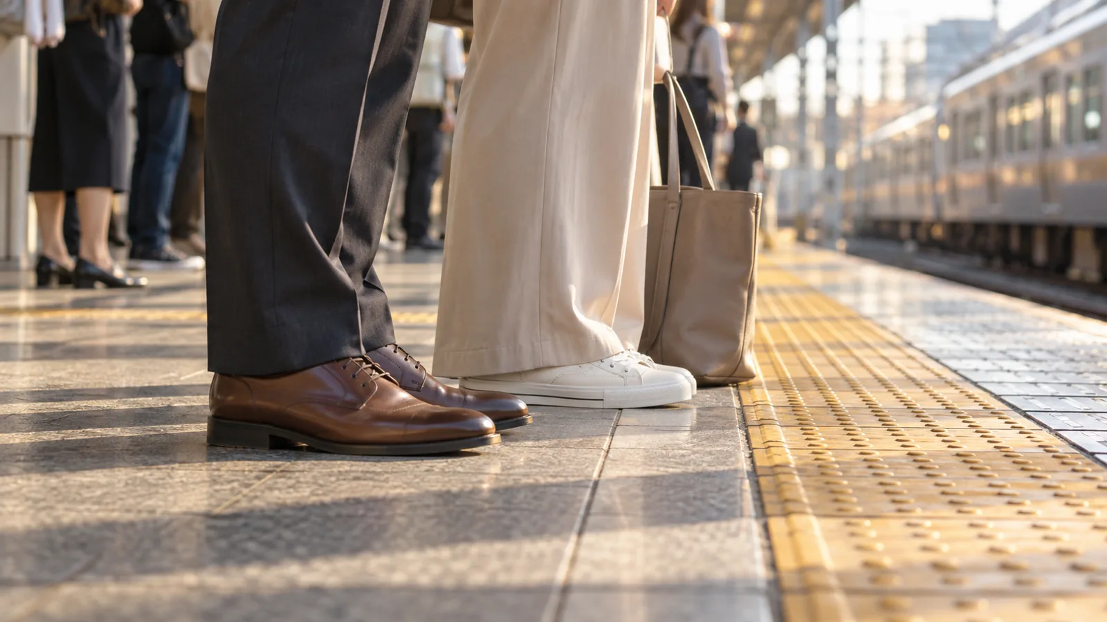 朝の駅のホームで、通勤の人たちの足元と、並んで置かれた革靴とスニーカーを低い位置から写したAI生成画像