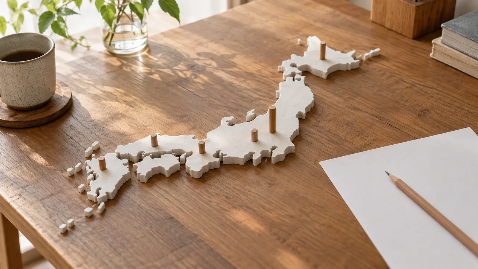 木の机に広げた、文字のない日本列島の立体地図と、その上に置かれた小さな木のコマのAI生成画像