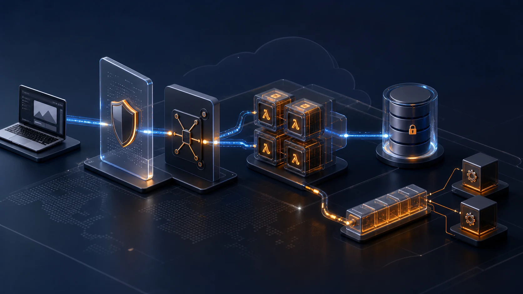AWS Web APIの同期・非同期処理、認証、データベース保護を表すアーキテクチャ