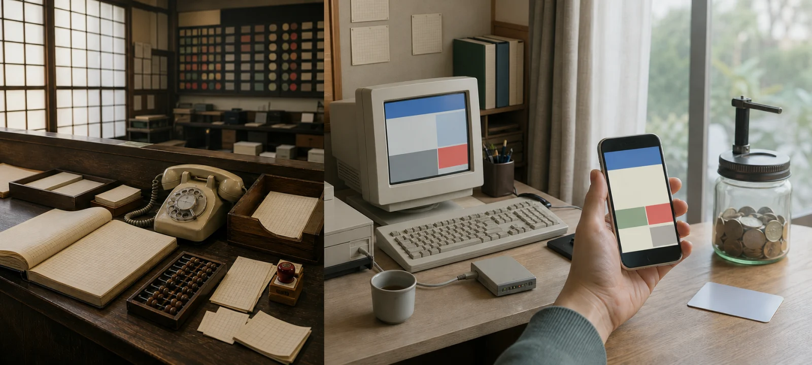 AI-generated history scene moving from a Showa-era Japanese brokerage with paper quotation books and telephones to a personal computer and smartphone