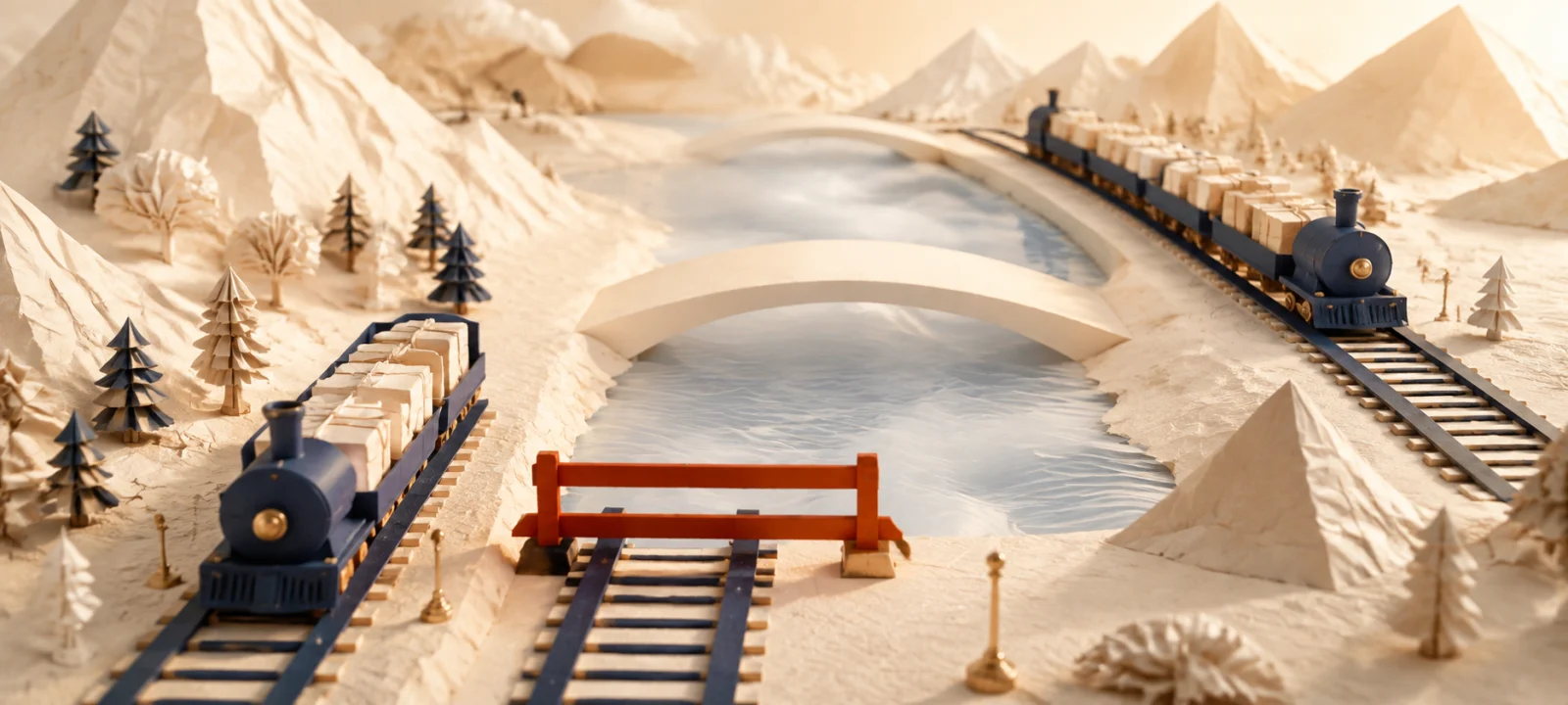 AI-generated paper model of investment cargo divided across two railway lines so one still moves when the other is closed