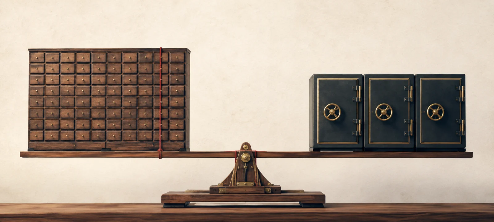 AI-generated editorial photograph comparing thousands of small drawers with a few enormous vaults on one scale