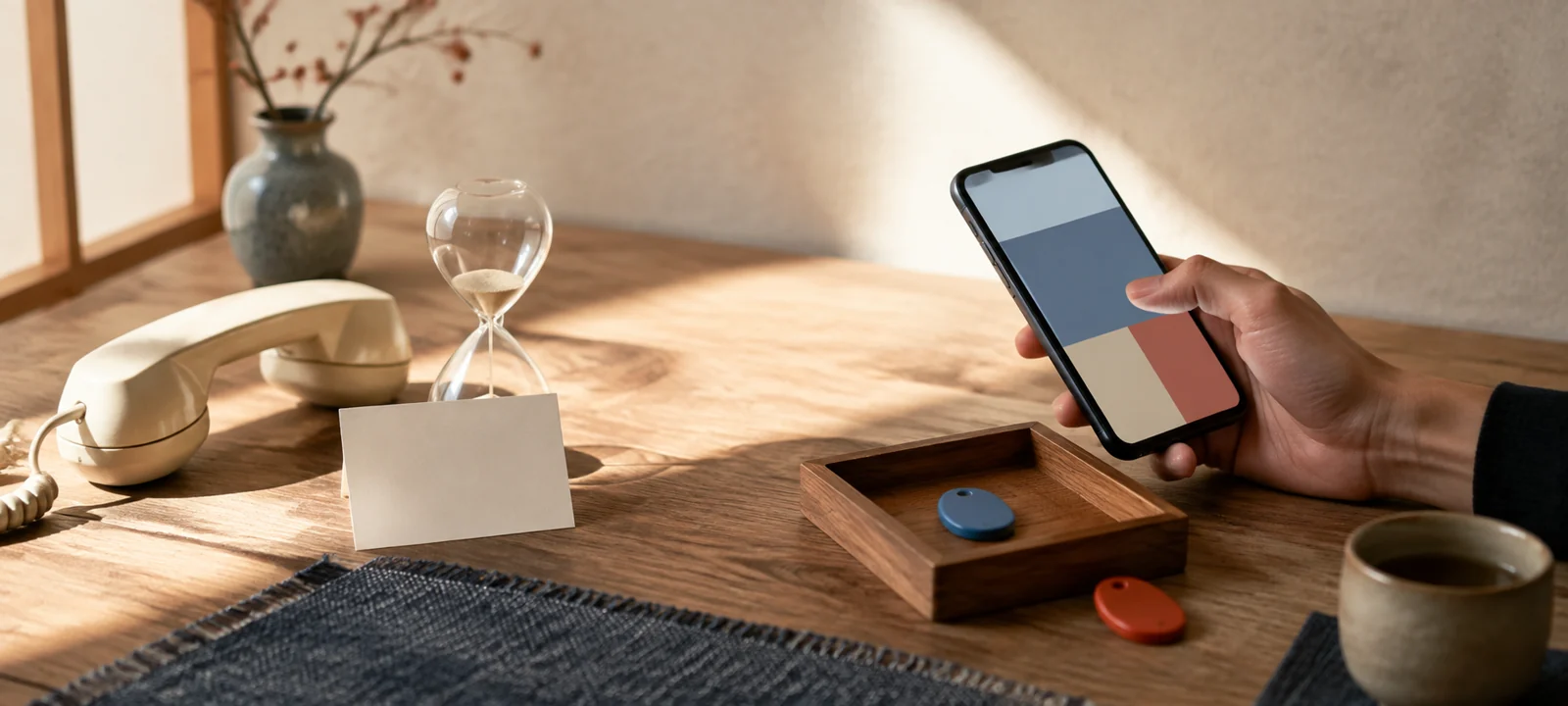 AI-generated editorial photograph of an unlabeled telephone, sand timer, and smartphone being tested on one desk to assess brokerage support and app usability