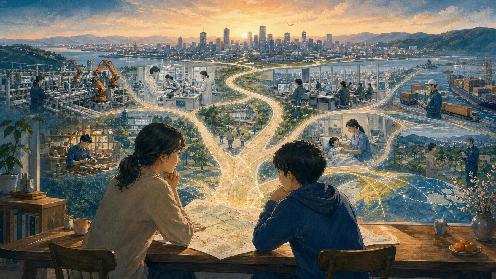 AI-generated editorial illustration of a parent and teenager looking from their table toward a vast world of work and education paths
