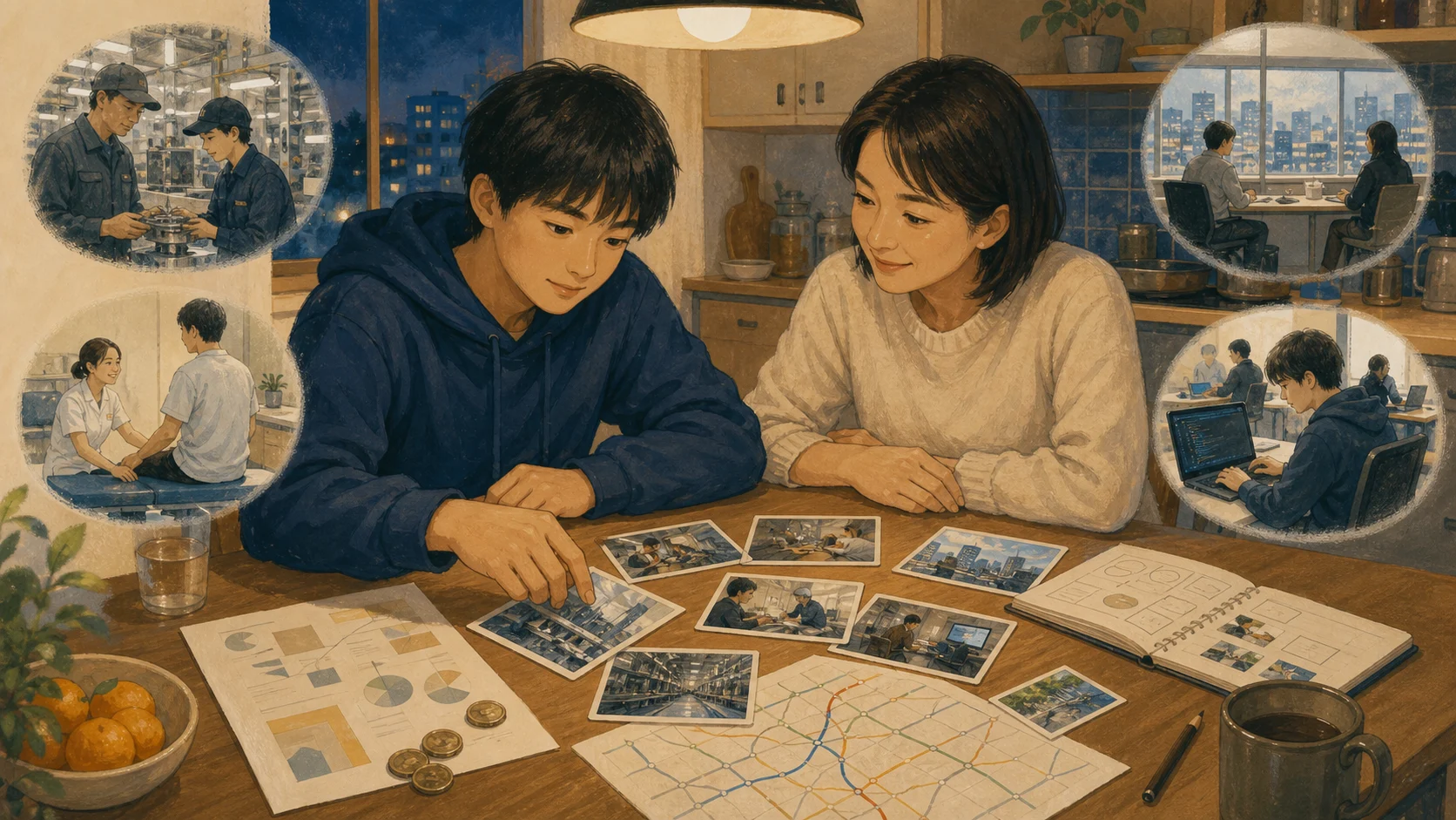 AI-generated illustration of a parent and teenager discussing workplace photographs, a household budget, and small career experiments as equals