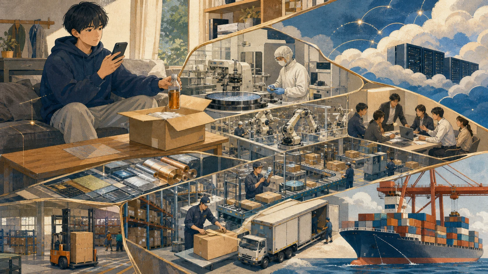 AI-generated cutaway showing semiconductor, manufacturing, logistics, software, and consulting work behind an ordinary phone and parcel