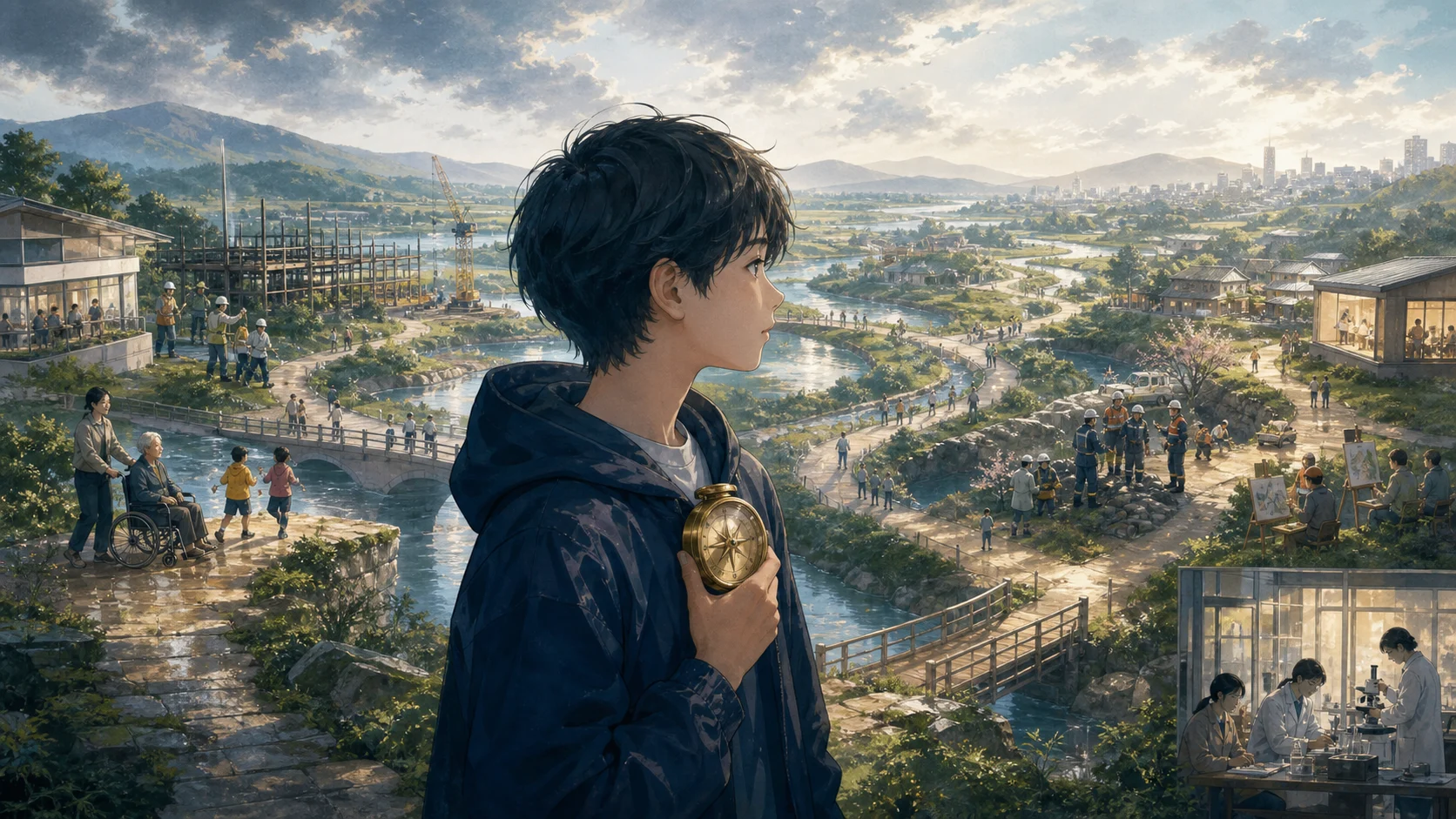 AI-generated illustration of a teenager using a values compass while viewing several connected paths of contribution