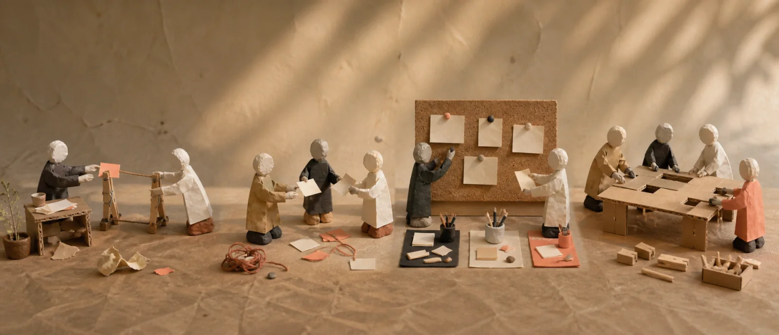 AI-generated stop-motion scene of paper-and-clay figures progressing from a fragile message relay to a shared board and collaborative table