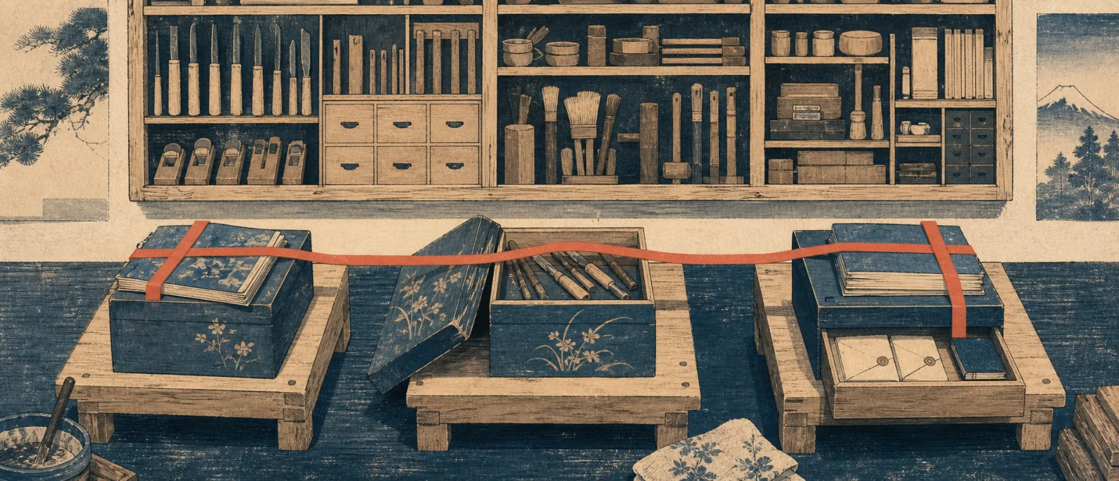 AI-generated woodblock print of a universal tool cabinet, project boxes, and a coral ledger ribbon that passes shared items while bypassing private envelopes