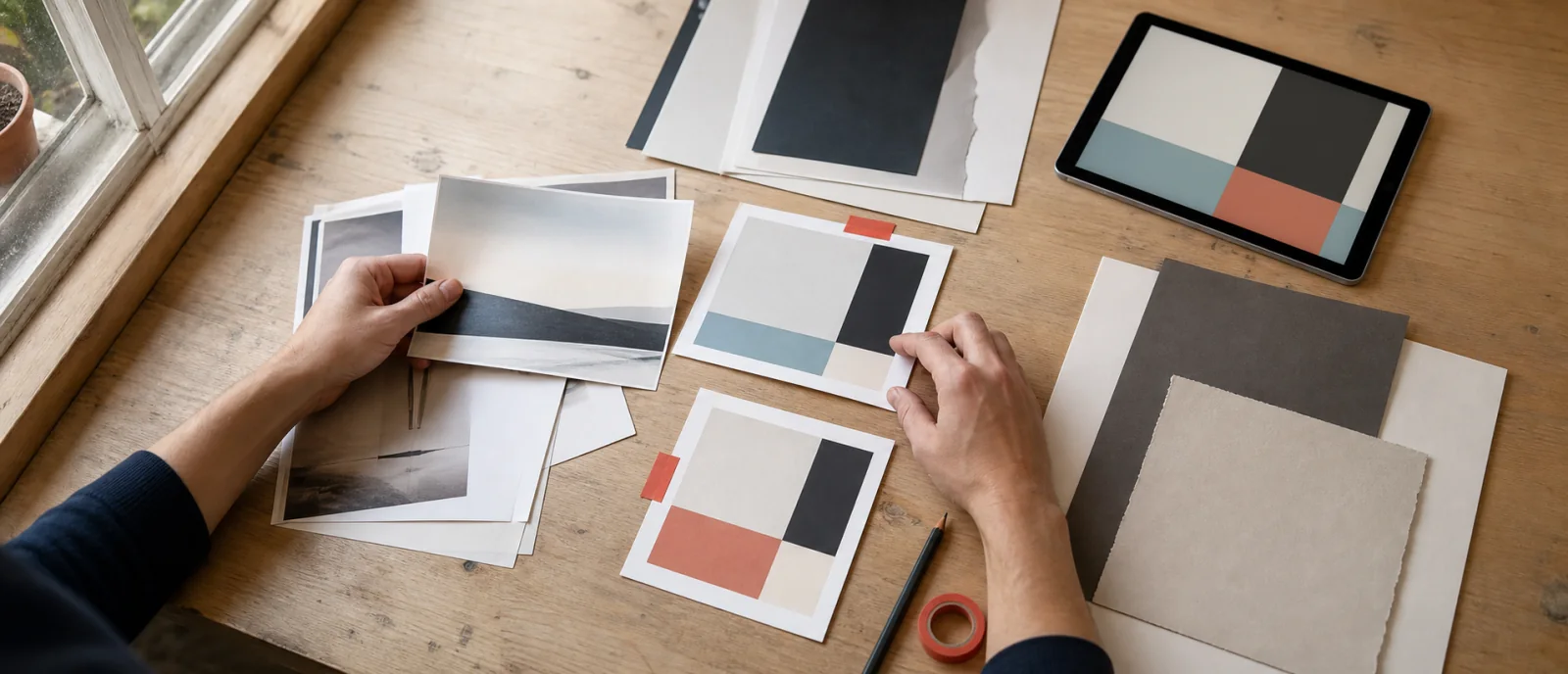AI-generated overhead image of hands comparing photographs and abstract screen mockups on a naturally lit desk