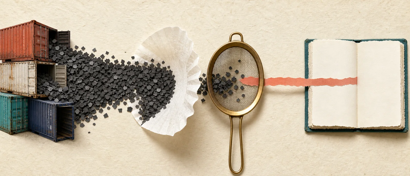 AI-generated collage of dark fragments leaving containers, passing through paper and a sieve, and reaching a notebook as one clean ribbon