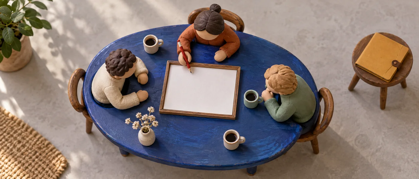 AI-generated scene of colleagues reviewing one working document while other records stay closed