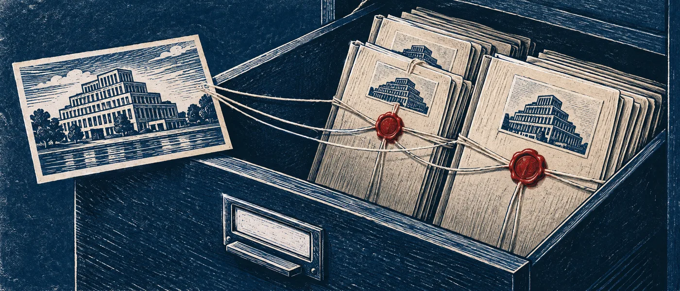 AI-generated illustration contrasting a public postcard of a building with sealed commercial documents connected to that building