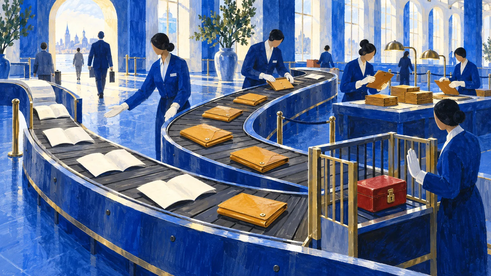 AI-generated illustration of an inspection station sorting documents and luggage by sensitivity