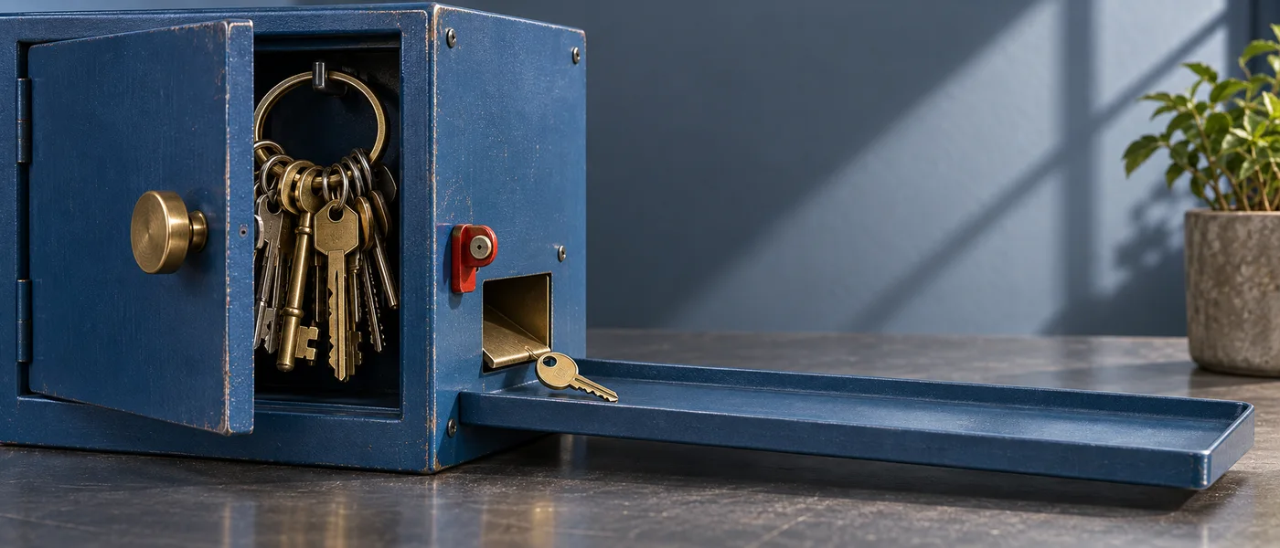 AI-generated image of a vault holding a large key ring while releasing only one key through a small opening