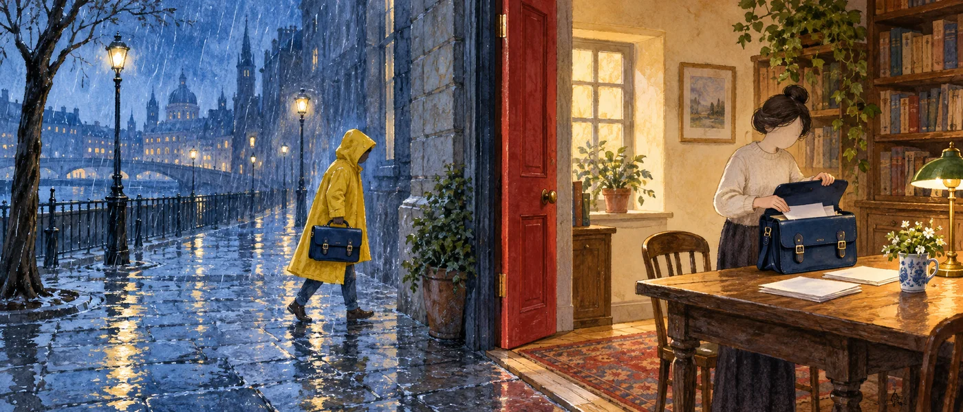 AI-generated illustration of a closed satchel carried through rain and opened inside its destination