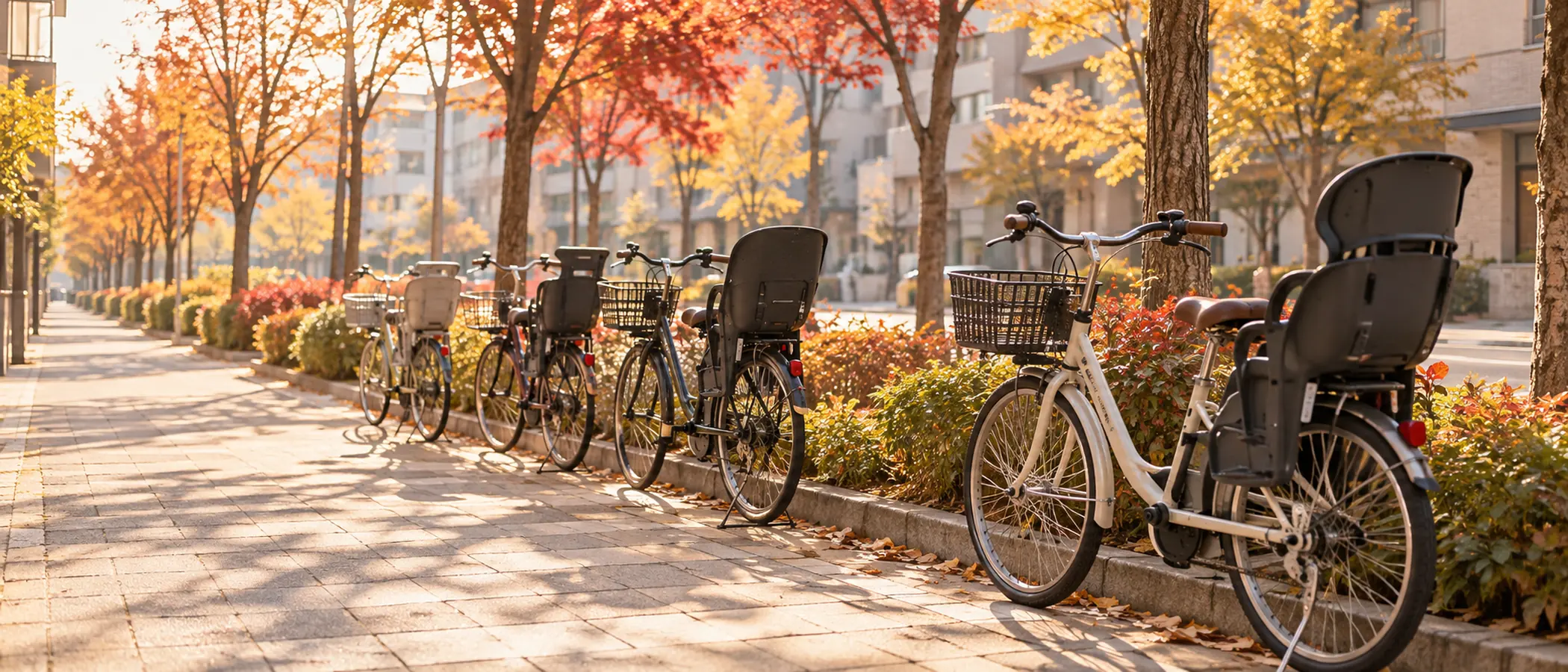 朝の都市の歩道に、子ども用の座席がついた自転車が何台も並んで止められている様子のAI生成画像