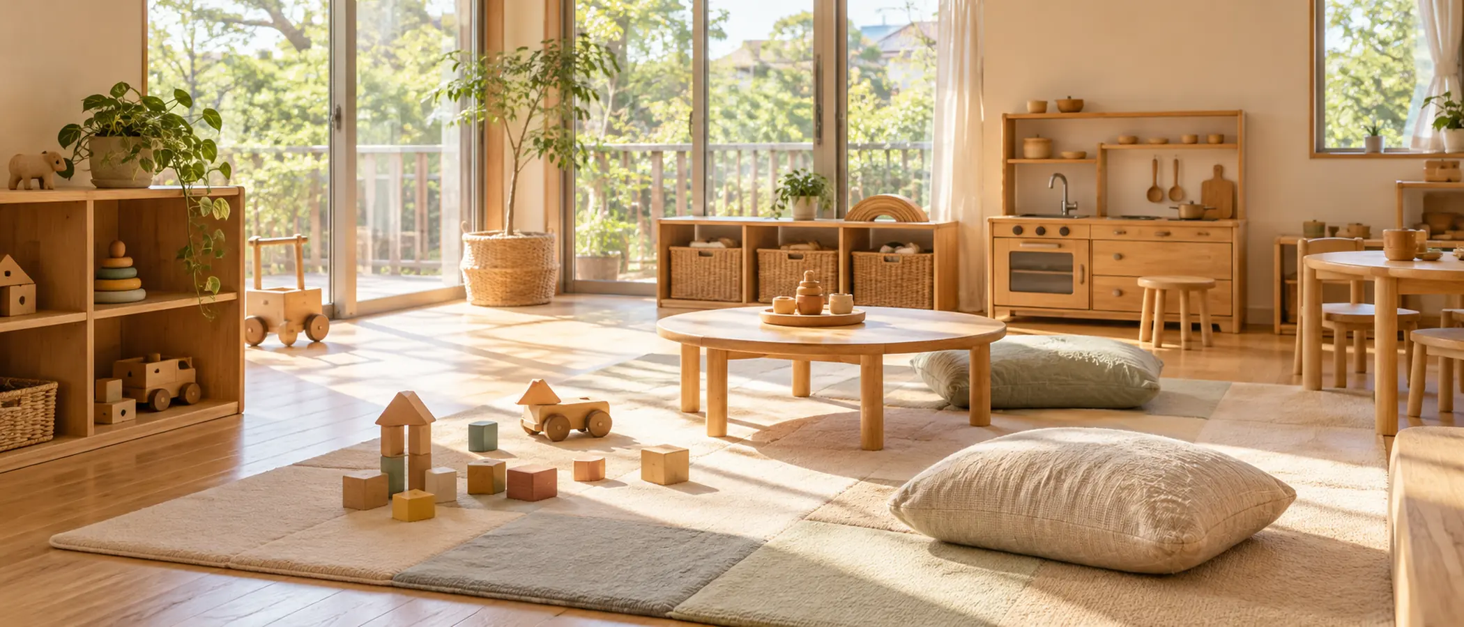 大きな窓から光が入る地域の子育てひろばの一角に、木のおもちゃや積み木、柔らかなマットが置かれているAI生成画像