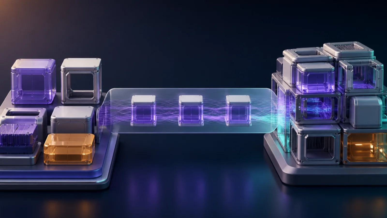 AI-generated editorial illustration of design components connected to production code through a context bridge