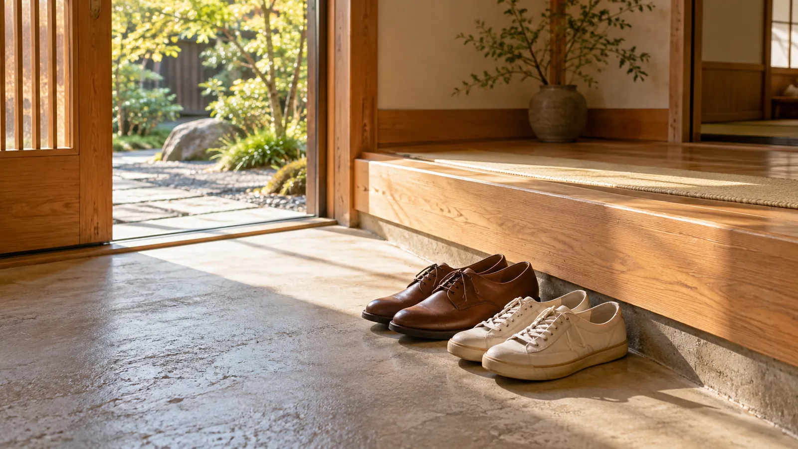 朝の光が差す住まいの玄関の土間に、大きさの違う2足の靴がそろえて並べられているAI生成画像