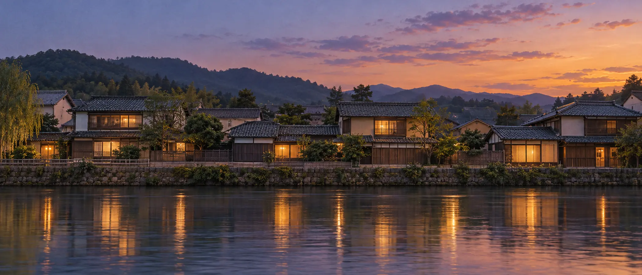AI-generated image of a regional Japanese town at dusk, with lights coming on in the windows of houses along a river