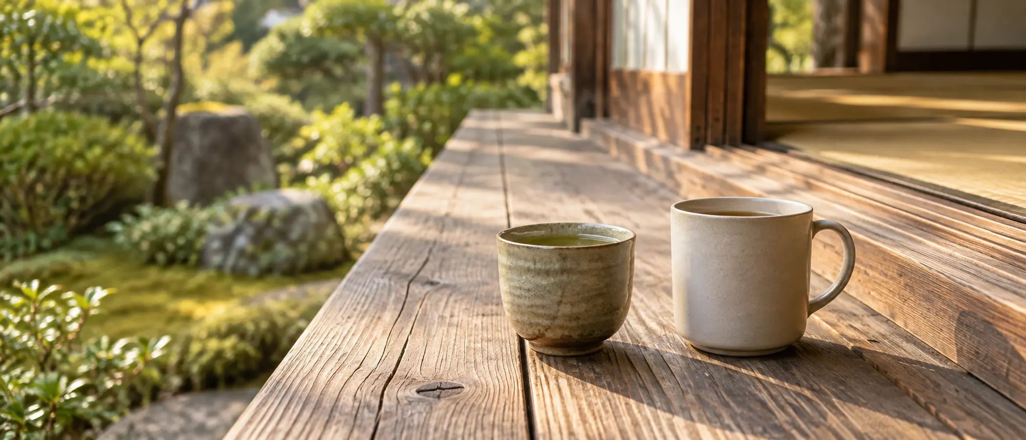 AI-generated image of a well-used teacup and a new mug side by side on the wooden veranda of an old Japanese house