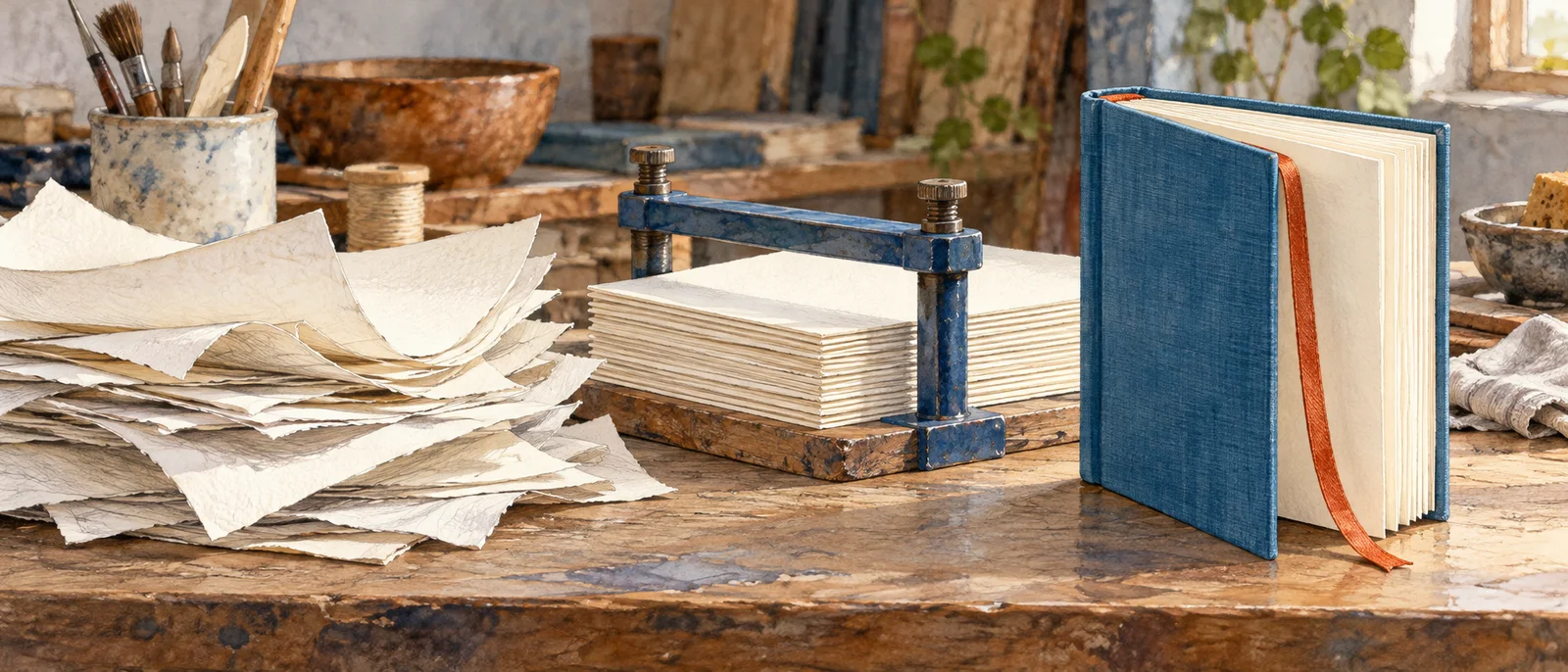 下書きの紙から校正を経て、使える一冊の冊子へ仕上がる様子を描いたAI生成の横長イラスト