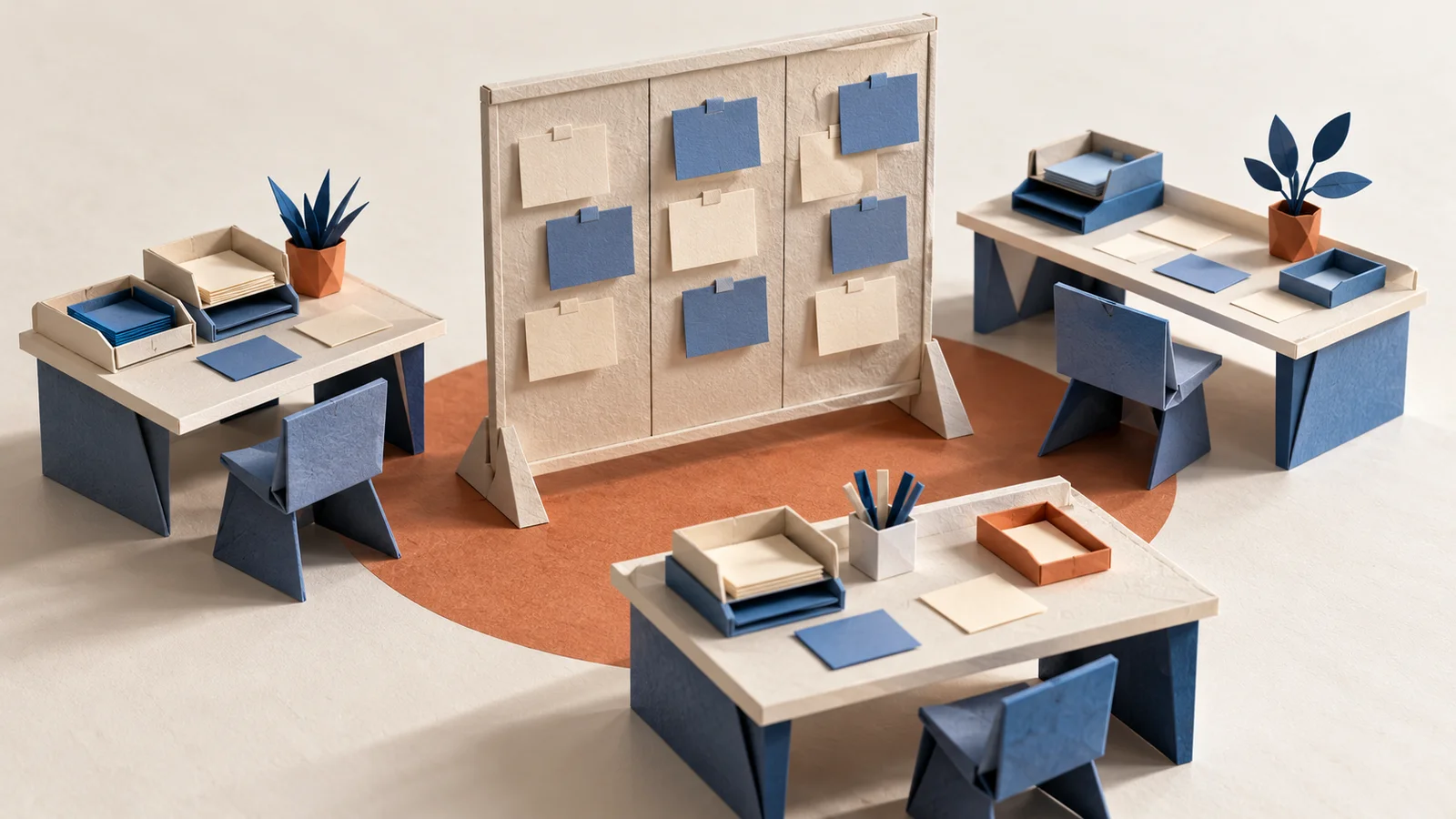 AI-generated paper diorama gathering tickets from separate workbenches onto one shared project board