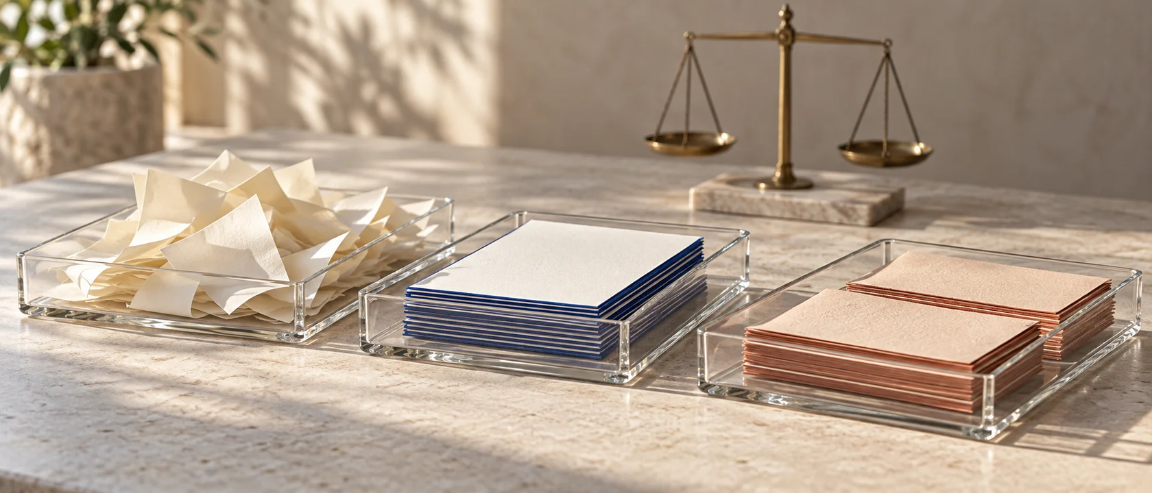 AI-generated still-life photograph sorting differently shaped tickets into separate weighing trays and transparent trays