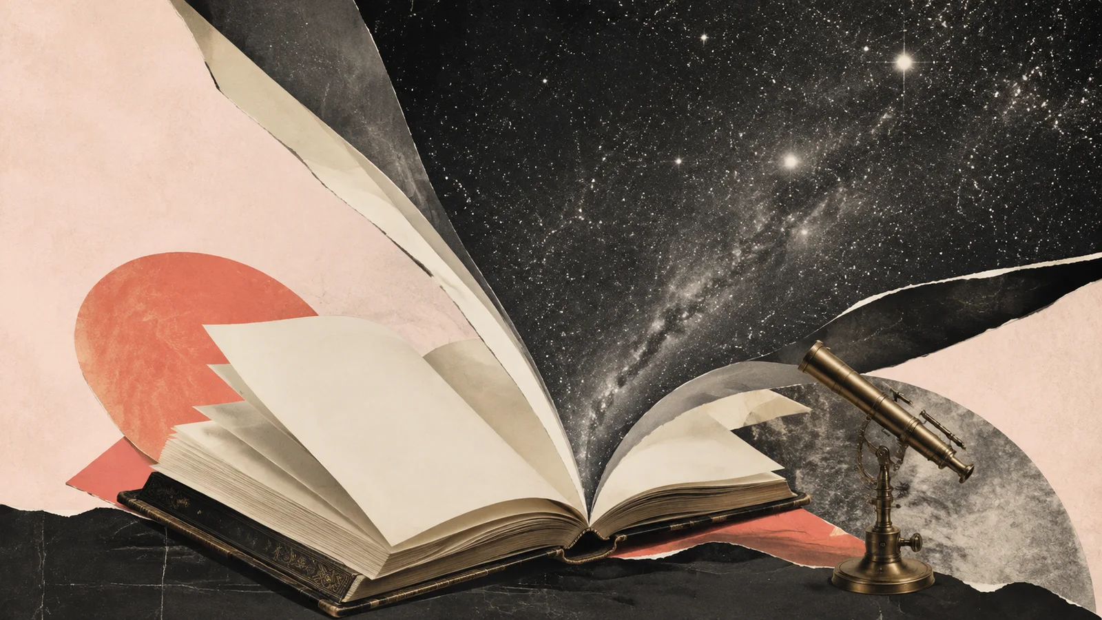 An open book unfolding into a star field beside a brass telescope — AI-generated editorial collage