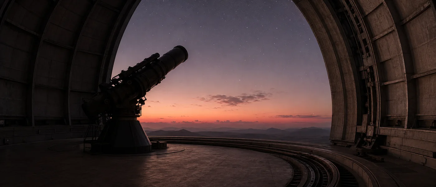 夕空へ向く望遠鏡と開く範囲を制御する観測所のドームのAI生成写真