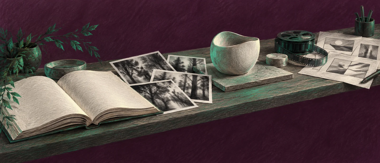 An AI-generated illustration of books, photographs, and a product prototype