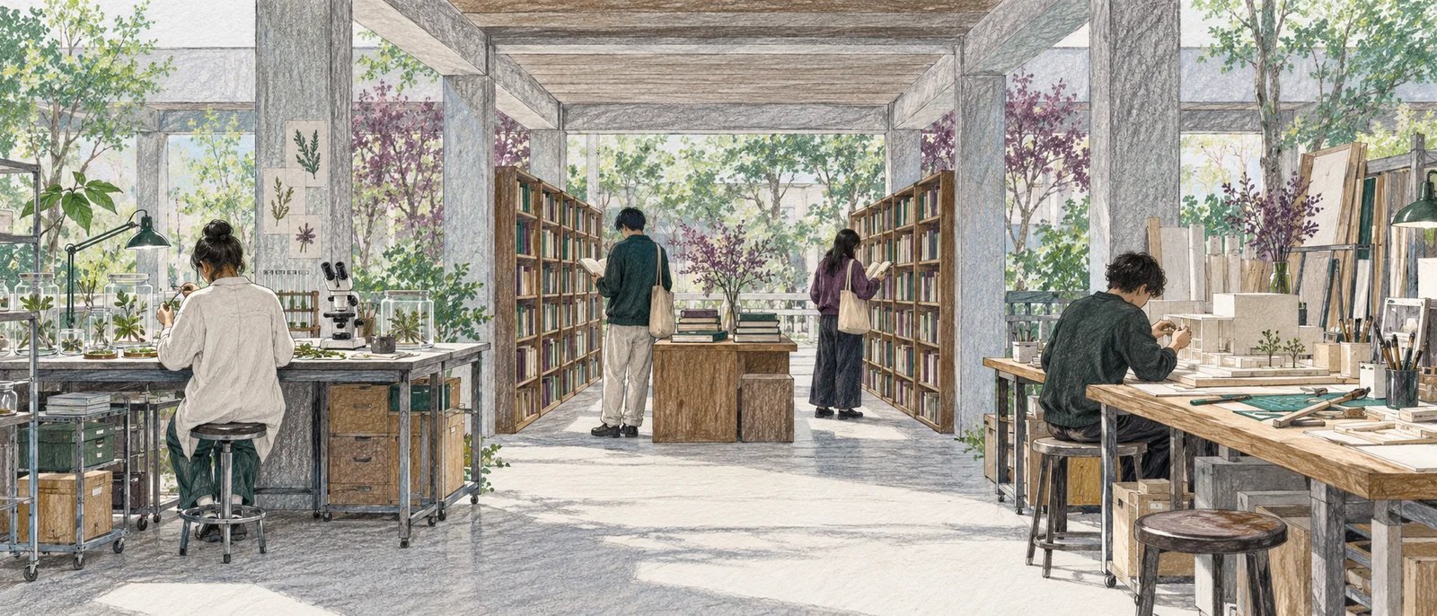 An AI-generated illustration of paths toward a laboratory, library, and studio