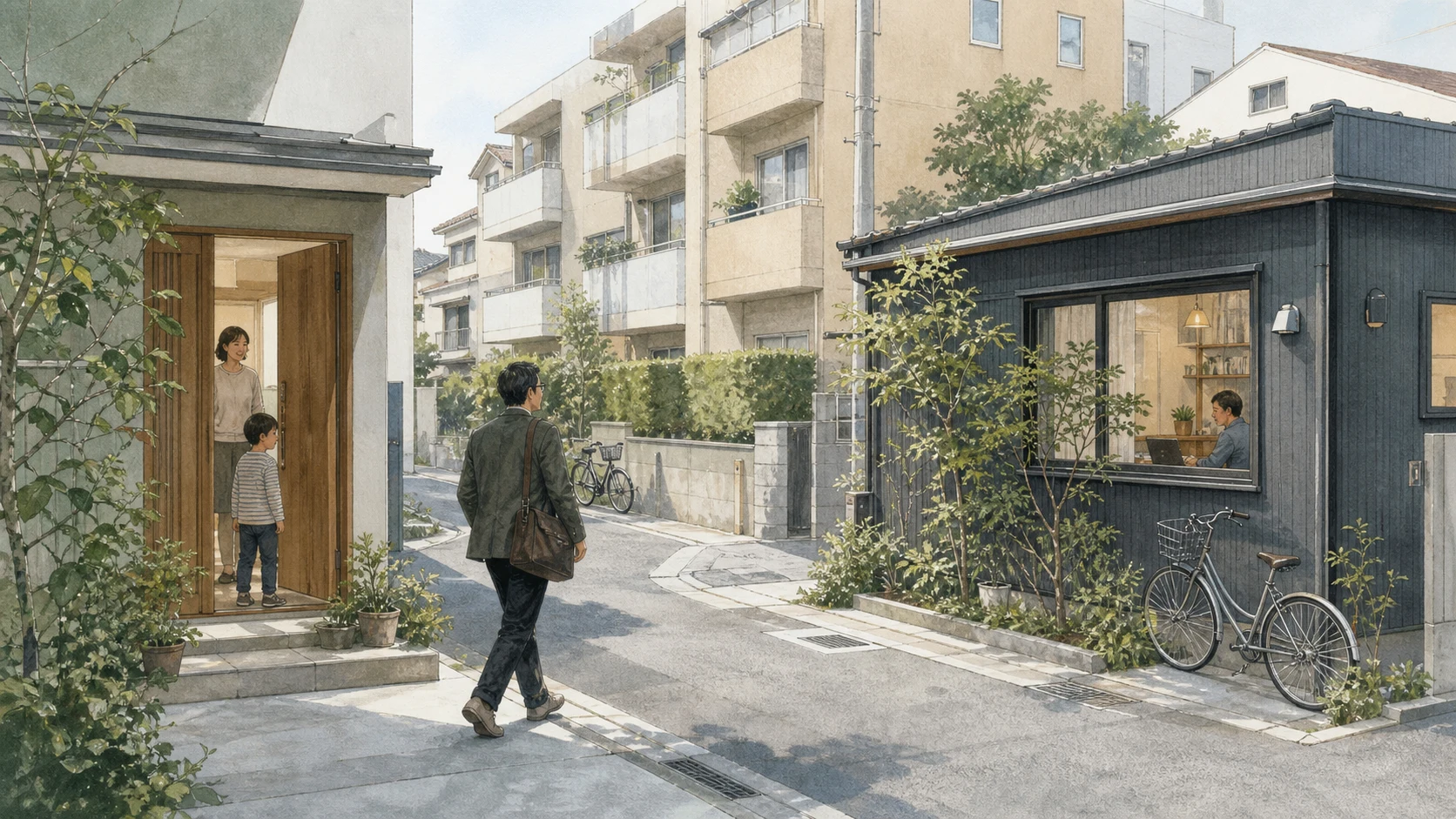 AI-generated editorial illustration of a parent walking from the family home to a nearby work studio