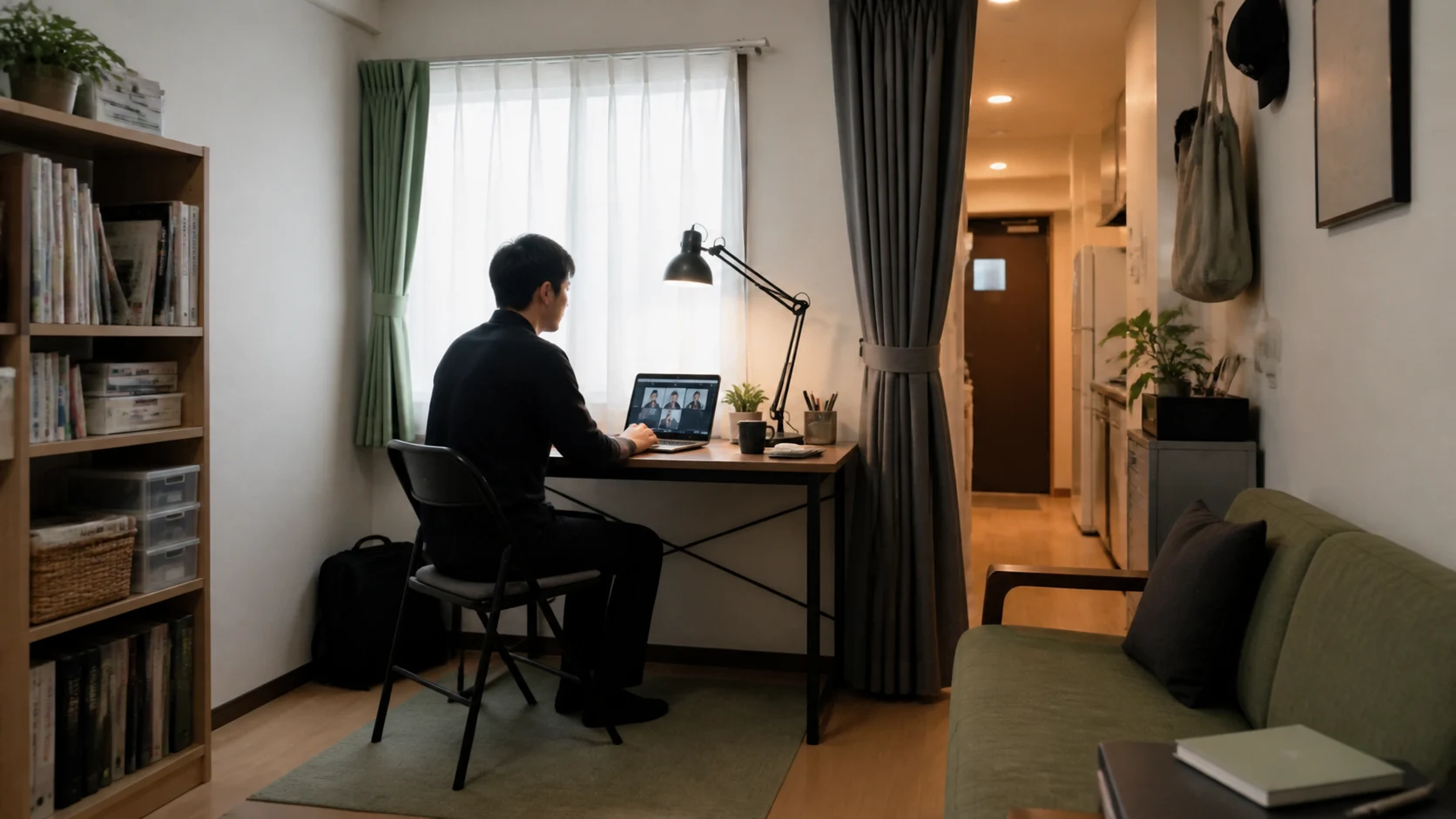 AI-generated image of a small Japanese rental studio arranged as a quiet remote-work room
