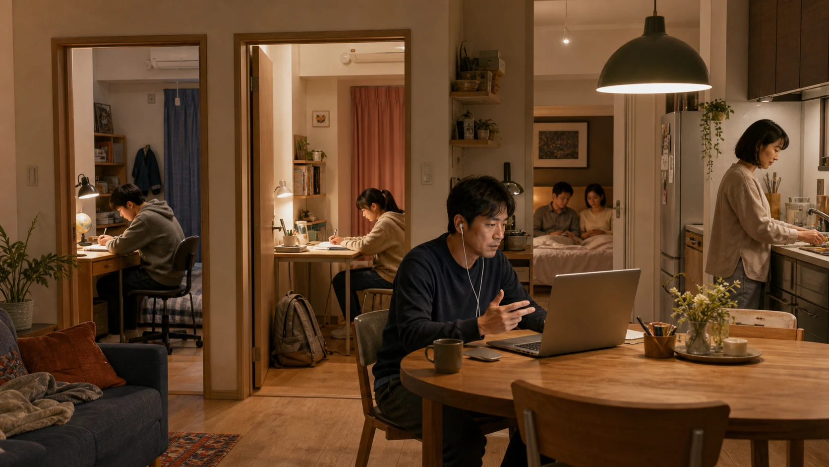 AI-generated illustration of two children using bedrooms while a parent takes a work call at the dining table in a three-bedroom apartment