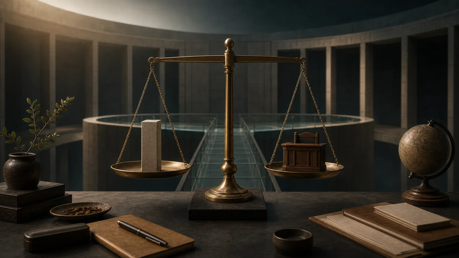 AI-generated editorial still life balancing state sovereignty and international criminal justice