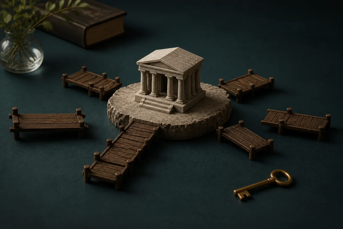 AI-generated editorial image of bridges that do and do not reach a central courthouse
