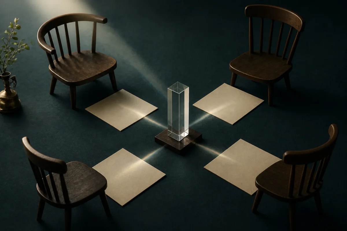 AI-generated editorial image of one beam dividing gently into several viewpoints
